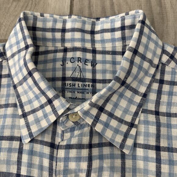 J.Crew Irish Linen Shirt Mens Sz Medium Blue White Plaid Outdoor Button Down - Picture 1 of 8